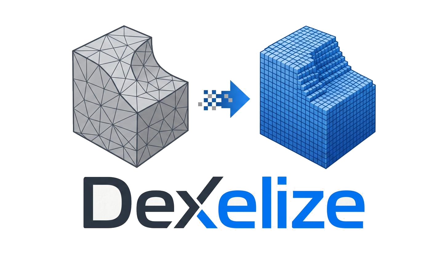 Dexelize logo: a triangulated 3D mesh cube converting into a clean, edge-sharp voxel stock body.